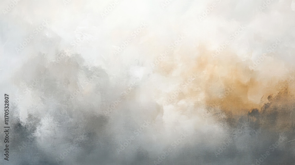 Naklejka premium Soft pastel gray and amber mist enveloping a tranquil landscape at sunrise, creating a serene atmosphere for reflection