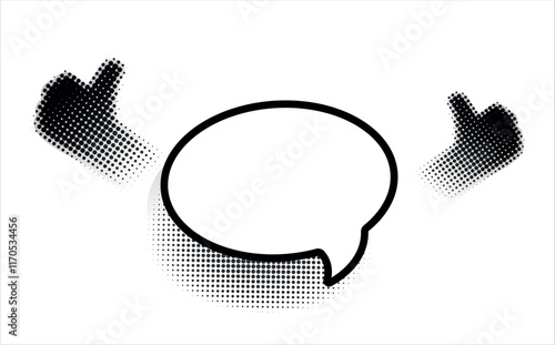 Blank template in pop art style. Empty speech bubble. Social media communication and advertising. Hands showing class, cool. Contemporary art.