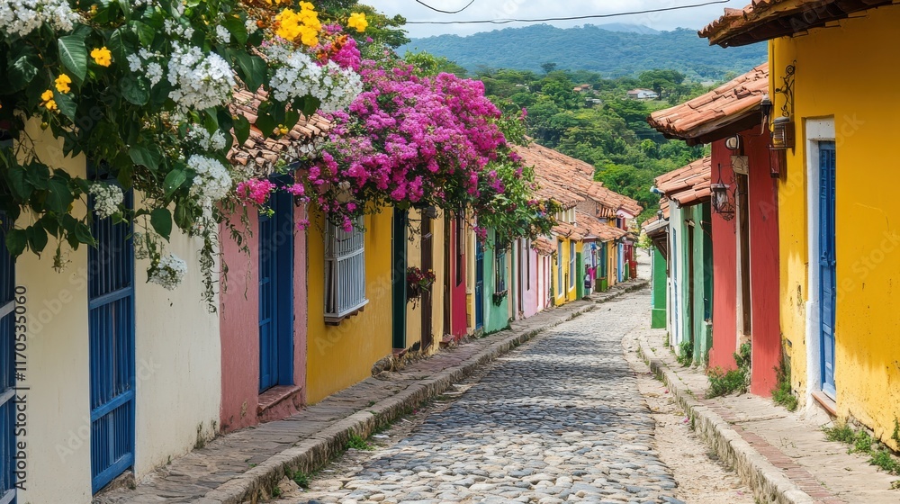 Fototapeta premium Charming narrow cobblestone street adorned with vibrant flowers in a historic village