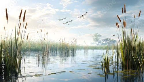 Tranquil Summer Sunrise Over a Serene Lake, Dragonflies and Reeds