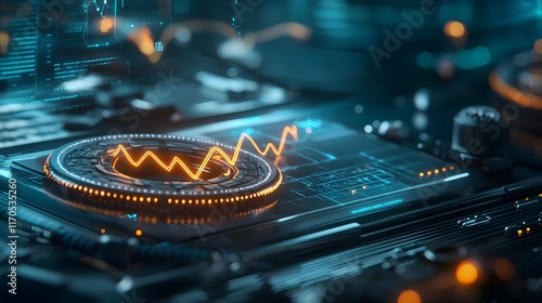 Futuristic quantum computing interface visualizing dynamic 3D trigonometric graphs with glowing sine and cosine curves leaving copy space at the bottom for design or text overlay