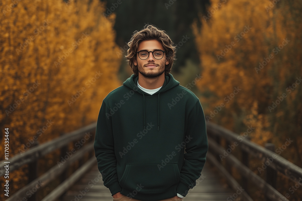 Obraz premium A handsome man wearing glasses and a dark green hoodie stands on a wooden bridge in an autumn forest.