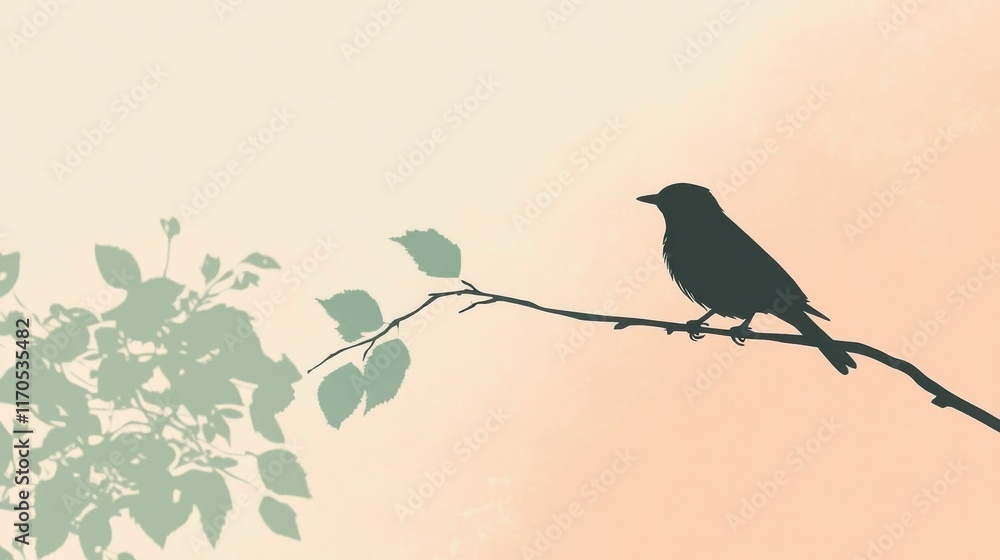 Fototapeta premium Minimalist silhouette of a bird perched on a branch against a pastel background during twilight
