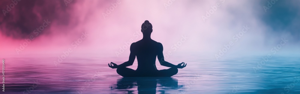 Silhouette of a person meditating on calm water with colorful mist at dawn Silhouette of a person meditating on calm water with colorful mist at dawn