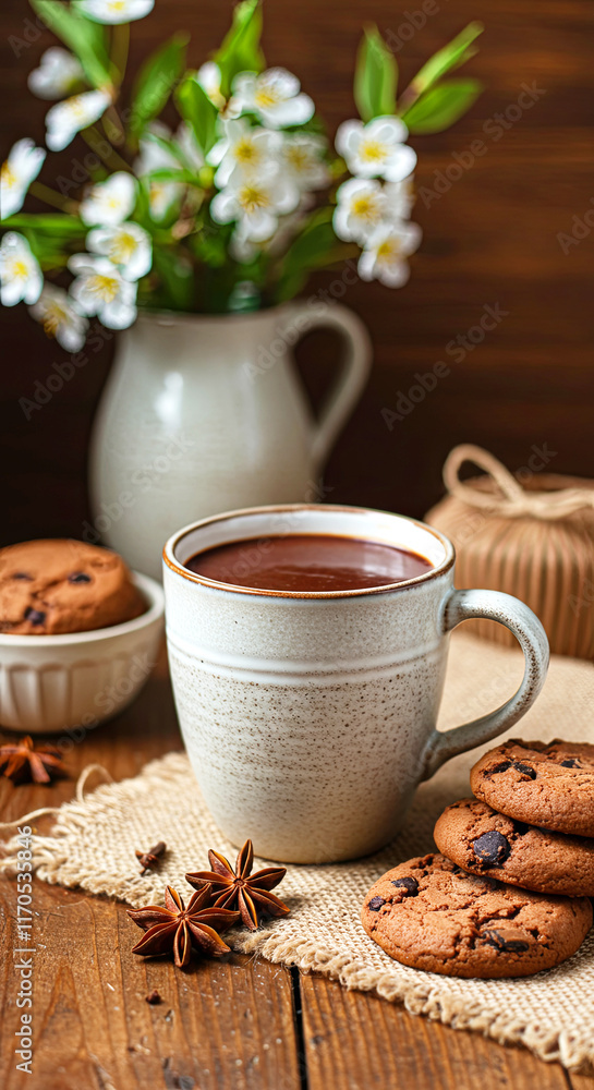 Fototapeta premium Spring-themed setting with a hot chocolate in a ceramic mug