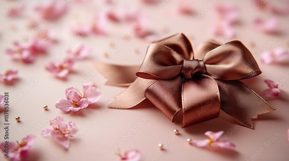 Rose gold ribbon bow on pink background with cherry blossoms. Rose gold ribbon bow on pink background with cherry blossoms.