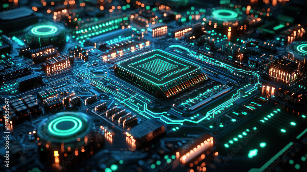 Close-up of futuristic circuit board with glowing CPU. Close-up of futuristic circuit board with glowing CPU.
