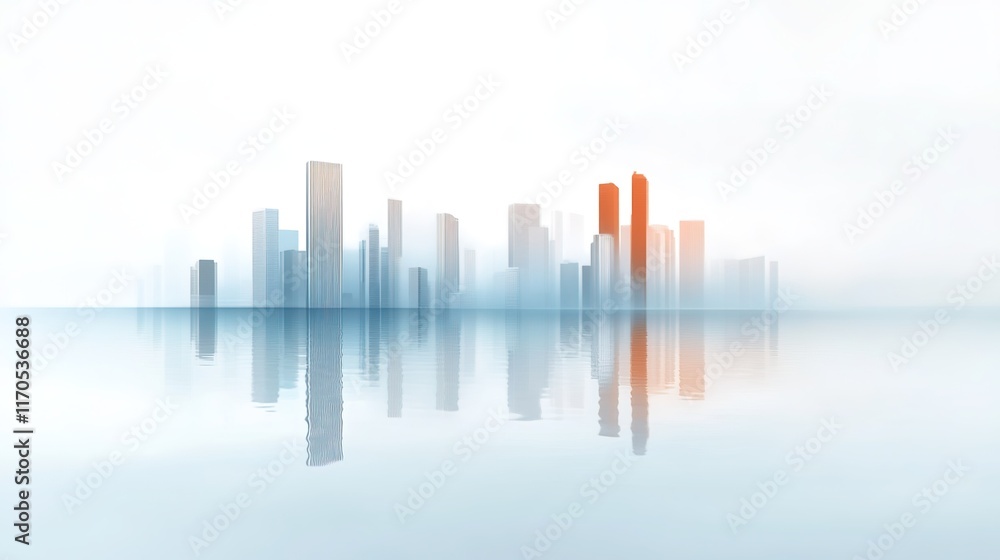 Futuristic City Skyline Reflection in Calm Water with Soft Colors Futuristic City Skyline Reflection in Calm Water with Soft Colors
