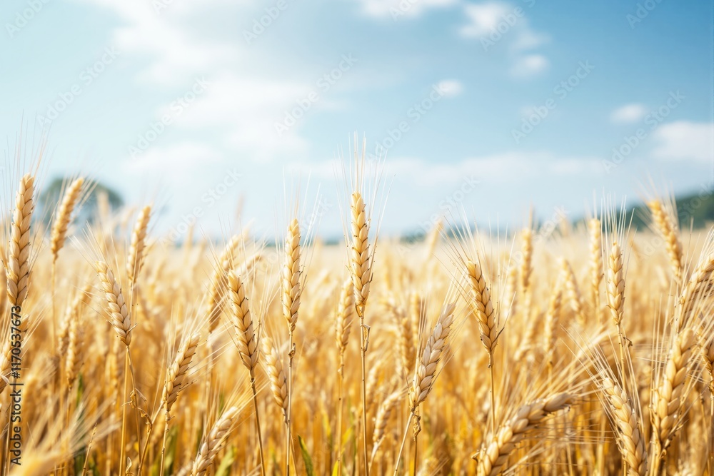 Close-up of golden wheat ears in a field, sunny atmosphere, blue sky with soft clouds, concept of agriculture, nature, and harvest. Ai generative Close-up of golden wheat ears in a field, sunny atmosphere, blue sky with soft clouds, concept of agriculture, nature, and harvest. Ai generative