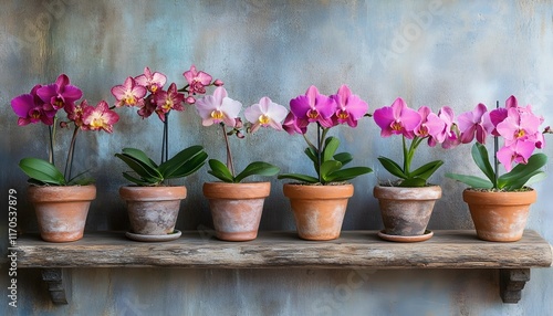 Wallpaper Mural Six Blooming Orchids in Terracotta Pots on Rustic Wooden Shelf Torontodigital.ca