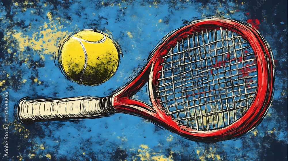 A Red Tennis Racket and Yellow Ball Artwork