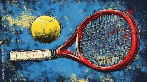 Obraz na płótnie A Red Tennis Racket and Yellow Ball Artwork w salonie