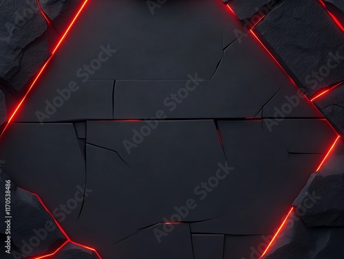 Dark Cracked Stone Surface Glowing Red Lines photo