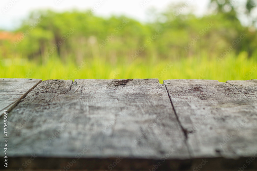 Fototapeta premium Empty top of wooden table and view of sunset or sunrise background