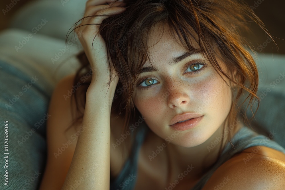 Fototapeta premium Skincare Hair Care Relaxing Beauty Portrait of Asian Woman in Natural Light with Short Hair Smiling