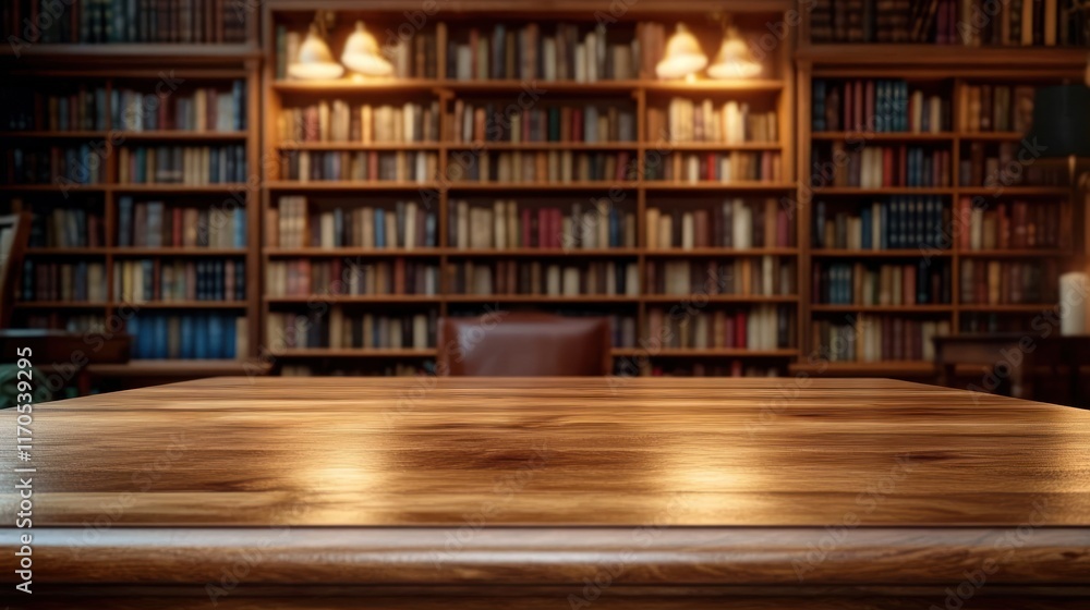 Cozy Wooden Table in Front of Bookshelves Filled with Vintage Books in a Warm Library Setting Cozy Wooden Table in Front of Bookshelves Filled with Vintage Books in a Warm Library Setting