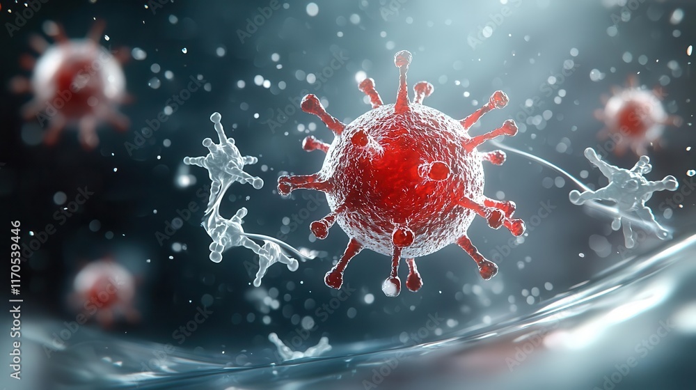 Microscopic 3D view of virus interacting with antibodies in serum, high detail, close-up perspective, bright illumination, organism health theme, dynamic angle Microscopic 3D view of virus interacting with antibodies in serum, high detail, close-up perspective, bright illumination, organism health theme, dynamic angle