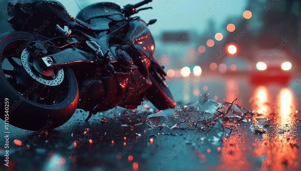 Motorcycle Accident on Dimly Lit Highway with Damaged Motorcycle and Car Collision Aftermath Motorcycle Accident on Dimly Lit Highway with Damaged Motorcycle and Car Collision Aftermath