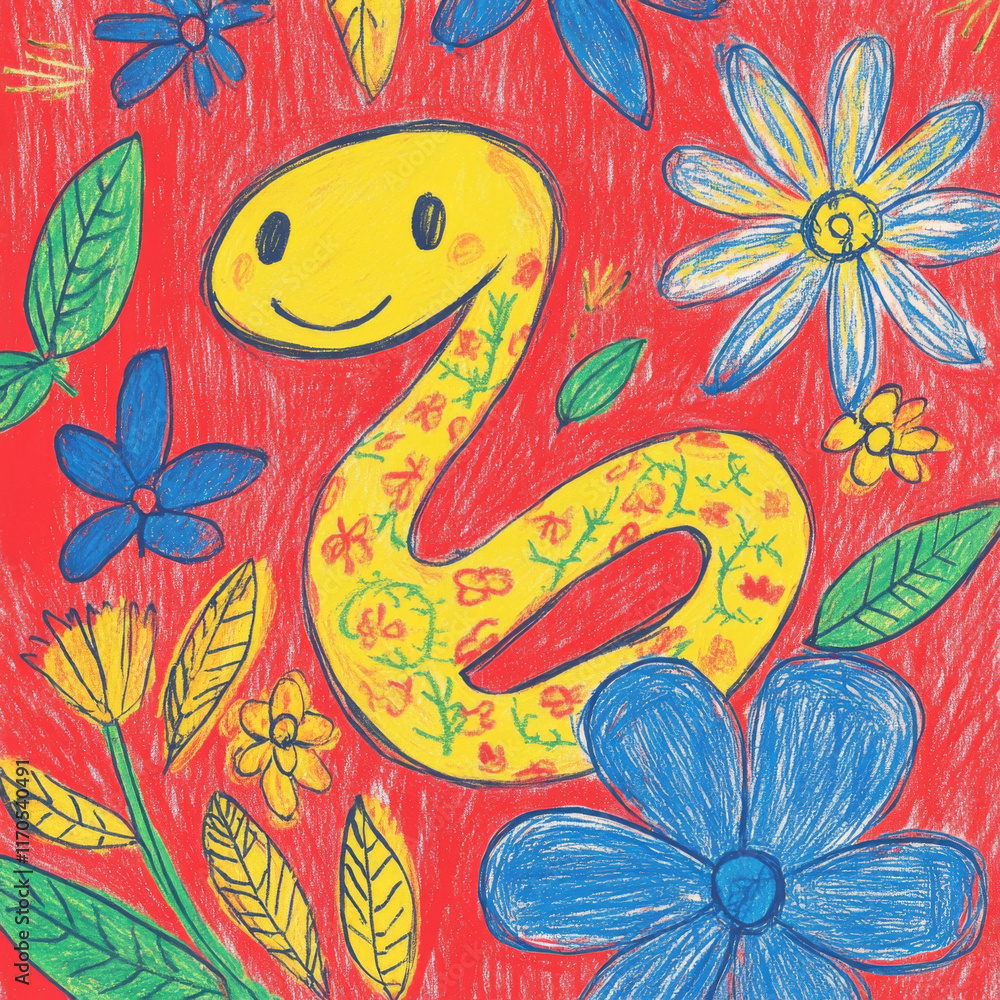 cheerful yellow snake with smile is surrounded by colorful flowers and leaves on vibrant red background, creating playful and lively atmosphere cheerful yellow snake with smile is surrounded by colorful flowers and leaves on vibrant red background, creating playful and lively atmosphere