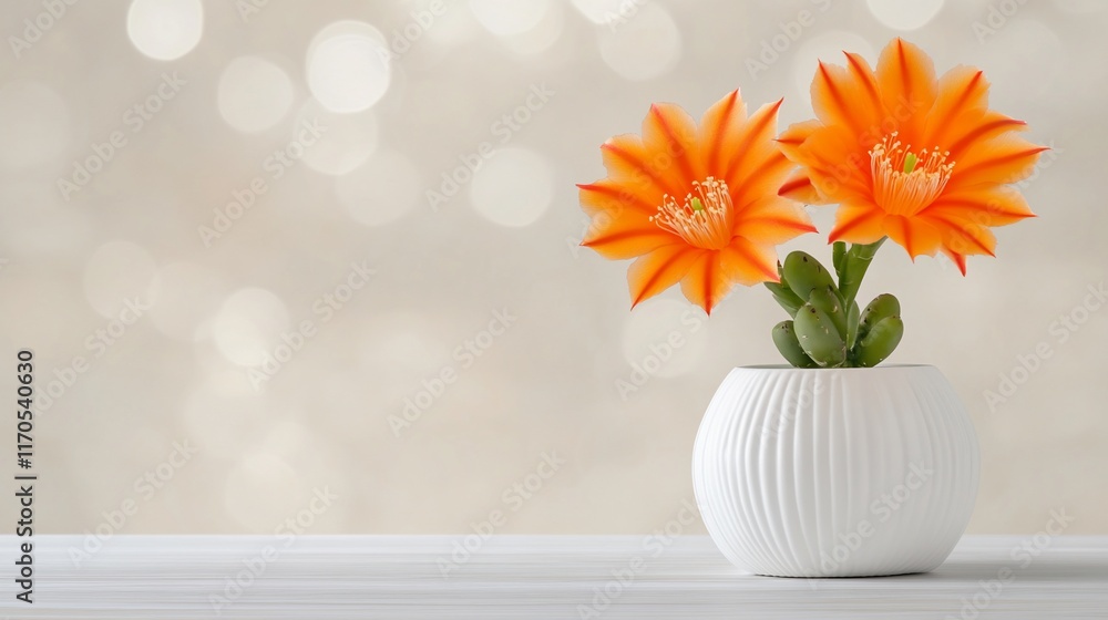 Two orange cactus flowers in a white pot on a white surface against a blurred background.