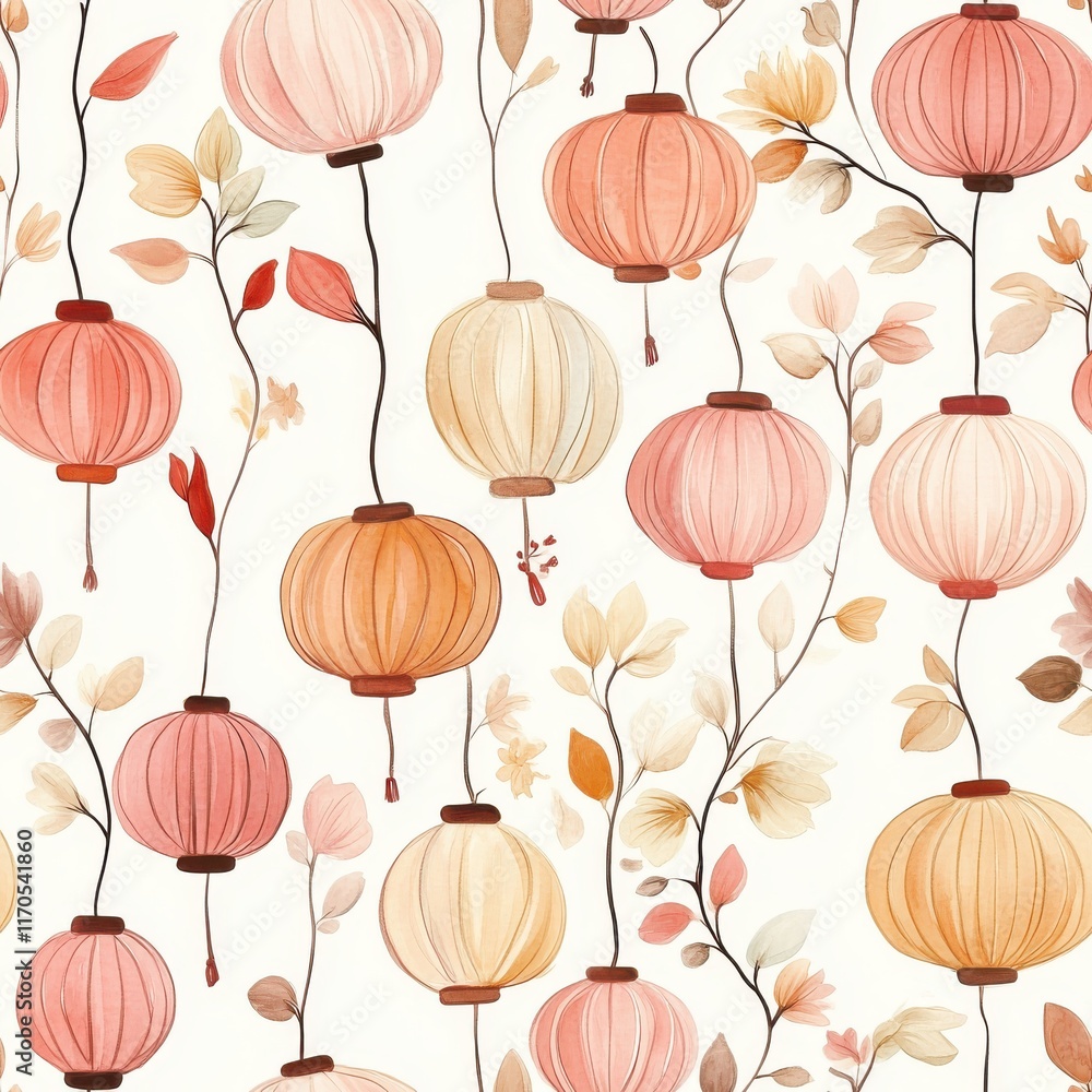 Obraz premium Intricate doodle cartoon drawings of colorful lanterns amidst delicate floral patterns in a whimsical design