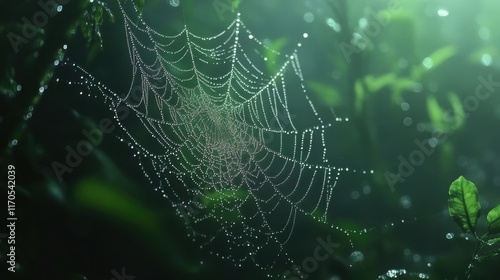 Enchanting view of morning dew on a spider web surrounded by lush vegetation in the forest photo