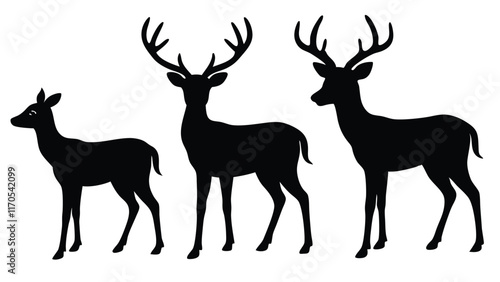 Graphic black silhouettes of wild deers – male, female and roe deer