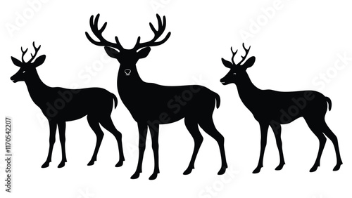 Graphic black silhouettes of wild deers – male, female and roe deer