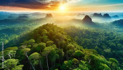 Stunning Amazon Forest Landscape at Sunset A Breathtaking View of Lush Greenery, Majestic Trees, and Vibrant Skies as the Sun Rises and Sets Over the Enchanting Wilderness photo