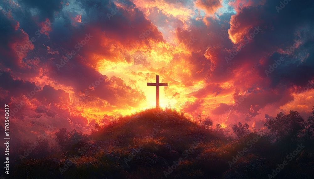 Christian Cross on a Hill at Sunset, Symbolizing Hope and Redemption Christian Cross on a Hill at Sunset, Symbolizing Hope and Redemption