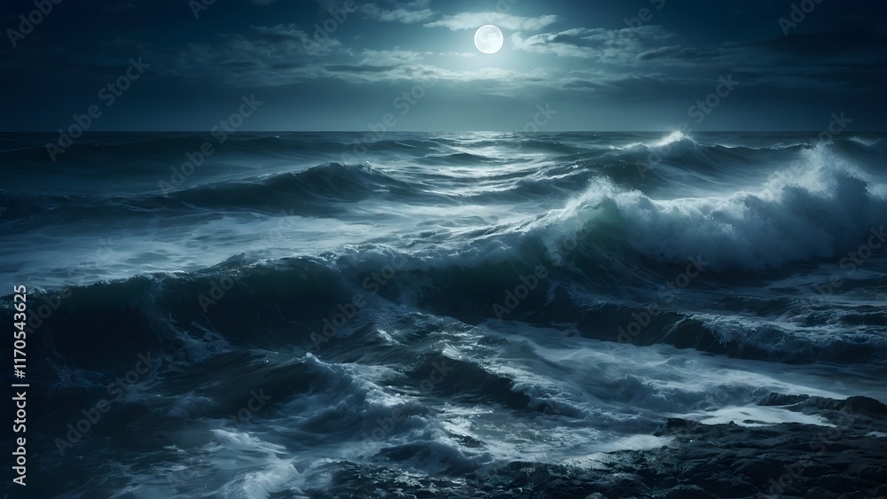 Waves Crash Under a Full Moon Illuminating the Dark Ocean at Night With Dramatic Clouds in the Background Waves Crash Under a Full Moon Illuminating the Dark Ocean at Night With Dramatic Clouds in the Background