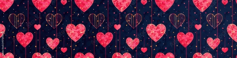 Stylish repeating hearts, thin lines, geometric vector design Seamless pattern, modern aesthetic , trendy, digital