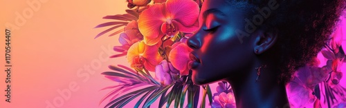 Vibrant woman glowing in front of colorful orchids and foliage during a sunset-inspired backdrop photo