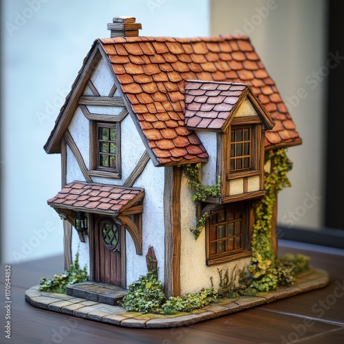 Charming Tudor Cottage Model Craftsmanship Home Decor Miniature House Fairy Tale photo