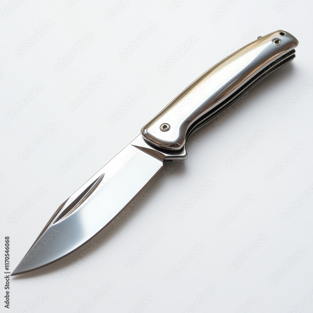 Fototapeta premium Shiny silver pocket knife with a sleek design resting on a neutral surface