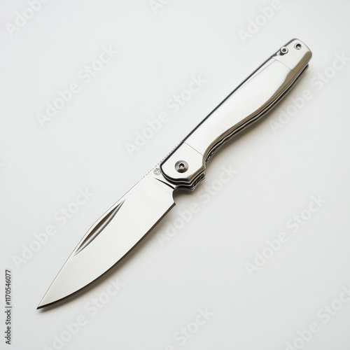 Shiny silver pocket knife with a sleek design displayed on a plain background in a well-lit setting photo