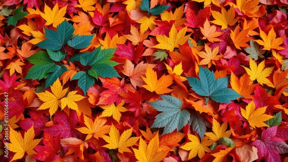 Vibrant autumn leaves covering the ground in a beautiful and colorful background, seasonal, natural Vibrant autumn leaves covering the ground in a beautiful and colorful background, seasonal, natural