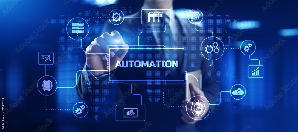 Automation Innovation technology concept. Businessman pressing button on screen. Automation Innovation technology concept. Businessman pressing button on screen.