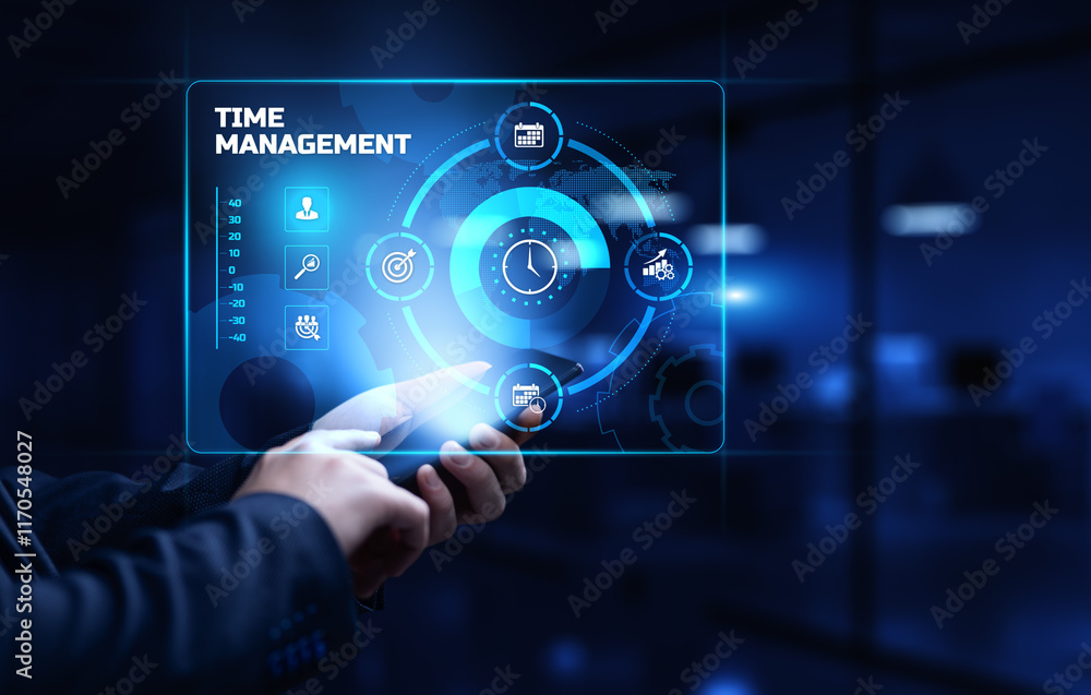 Time management planning productivity business concept. Businessman pressing button. Time management planning productivity business concept. Businessman pressing button.