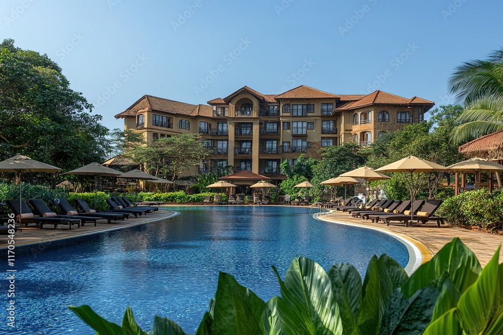 Obraz premium A serene photograph of a boutique hotel pool area, featuring stylish loungers, personalized touches such as fresh towels and fruit-infused water, and lush greenery surrounding the pool, capturing the