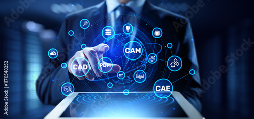 Cuadro en lienzo CAD, CAM, PDM, and CAE Systems Enhancing Industrial Design and Manufacturing as Business and Technology Concept
