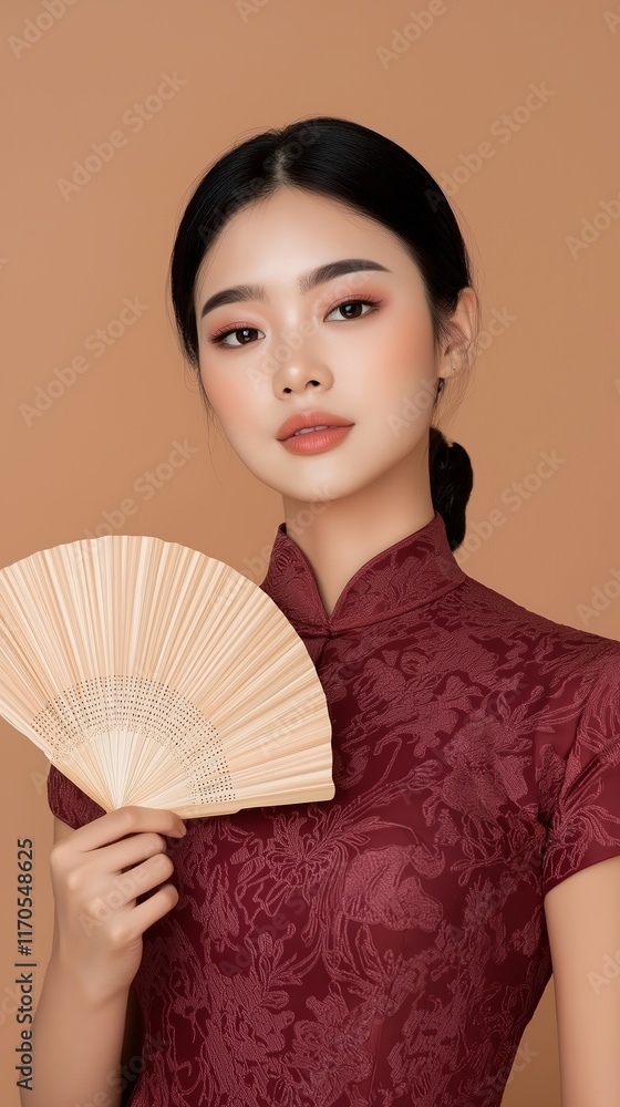 Young Woman with Handheld Fan, Traditional Dress Young Woman with Handheld Fan, Traditional Dress