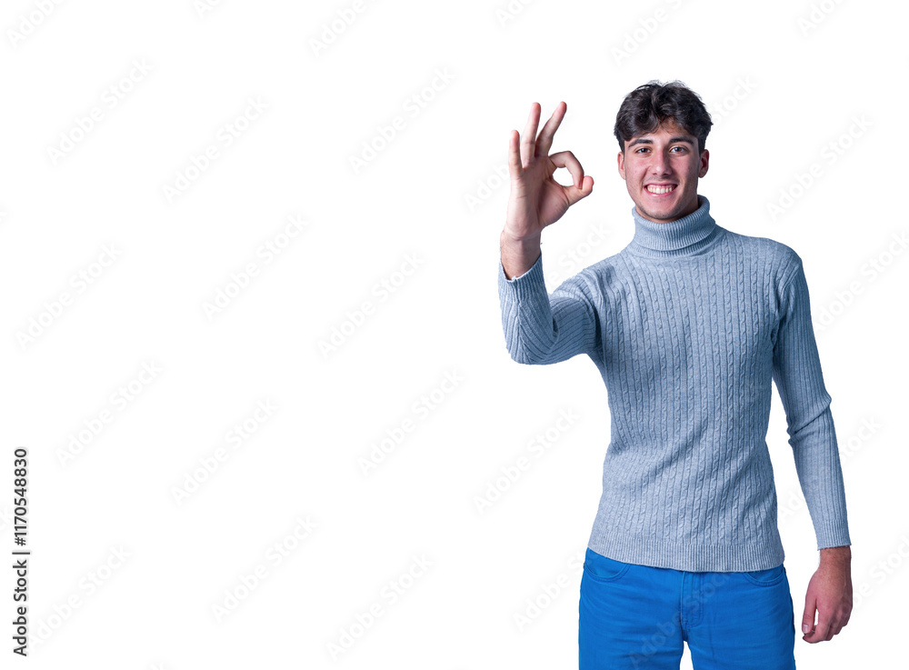 A handsome young man with turtleneck sweater doing winner gesture A handsome young man with turtleneck sweater doing winner gesture
