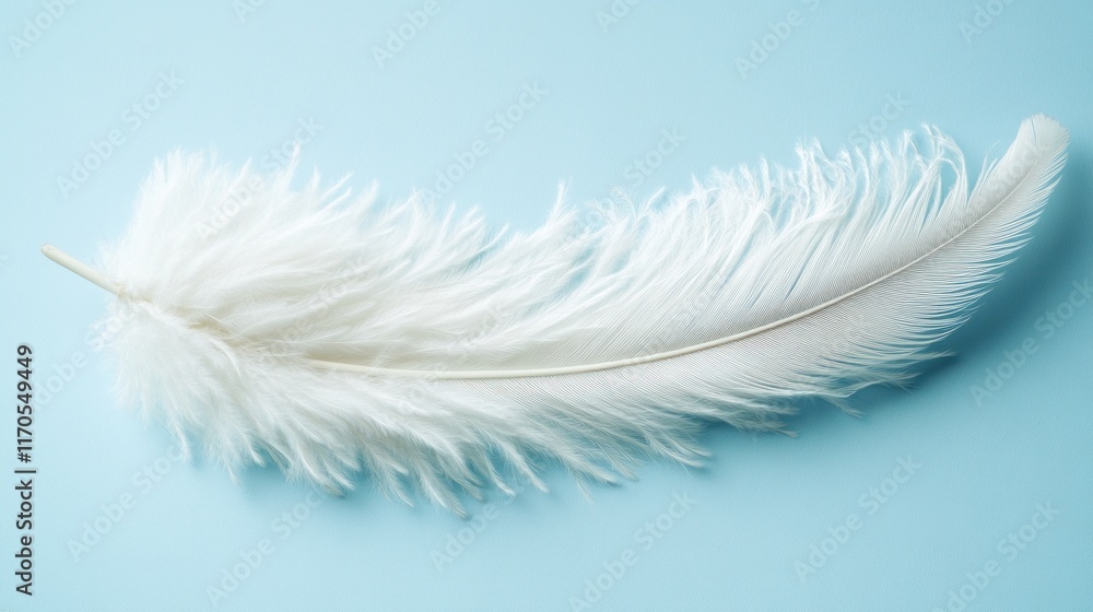 Obraz premium Single white ostrich feather on light blue background.