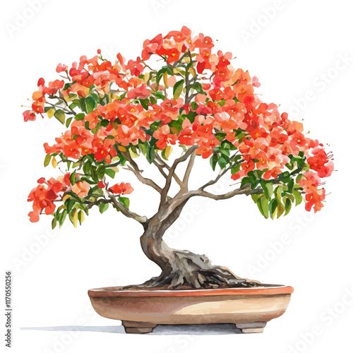 A watercolor vector painting of a Royal Poinciana Bonsai tree, isolated on a white background. Royal Poinciana Bonsai tree vector.

