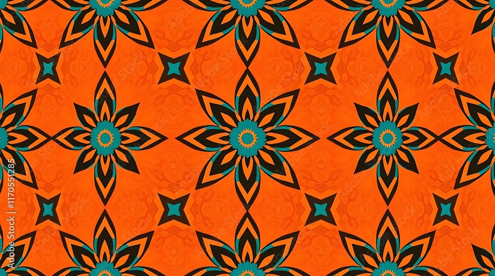 Orange and Teal Geometric Pattern: A vibrant and captivating pattern that captures the eye with its symmetrical, geometric design. This abstract pattern features bold orange and teal hues. Orange and Teal Geometric Pattern: A vibrant and captivating pattern that captures the eye with its symmetrical, geometric design. This abstract pattern features bold orange and teal hues.