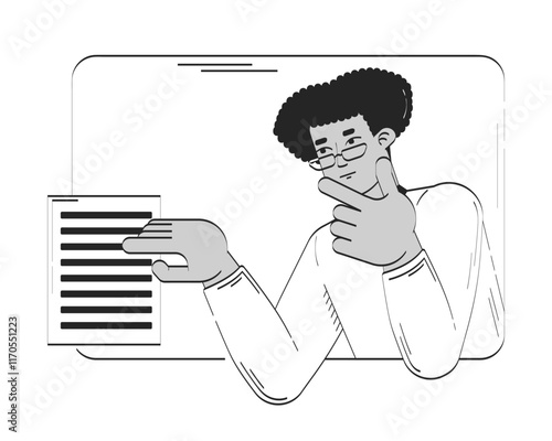 Business casual latino man in glasses analyzing document in frame doodle linear character. Hispanic employee editor proof reading 2D vector outline person isolated. Hand drawn drawing illustration