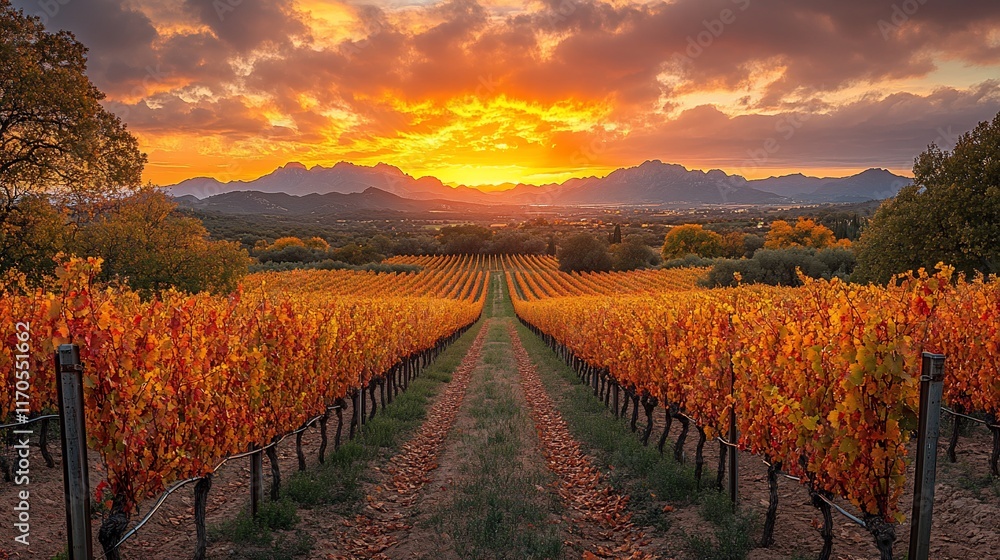 Naklejka premium Autumn Vineyard Sunset Scenic Mountain Landscape