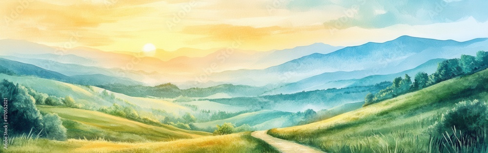 Obraz premium Serene watercolor landscape capturing a vibrant sunrise over rolling hills and distant mountains in a tranquil setting