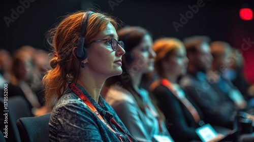 Woman wearing headphones listens attentively at a conference